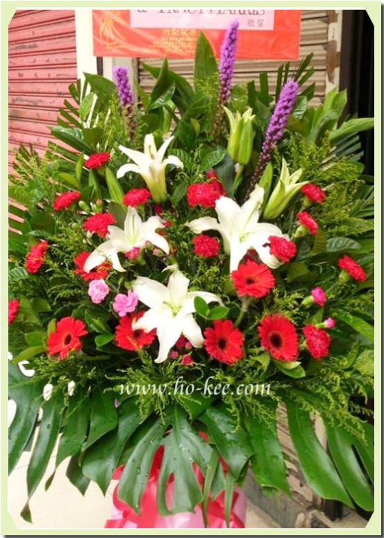 H011-開張花籃(馬尾,百合,紅太陽花,康乃馨)